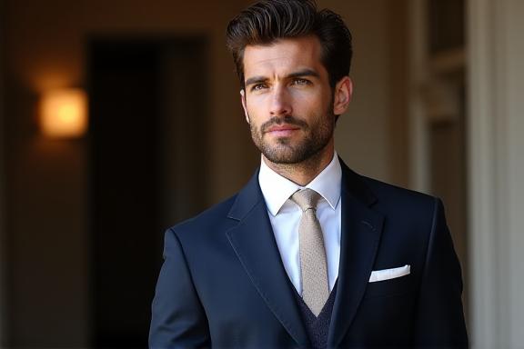 Stijlvolle man in maatpak die zelfverzekerdheid uitstraalt